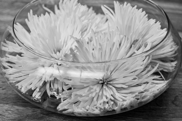 Chrysanthemums in a glass bowl.