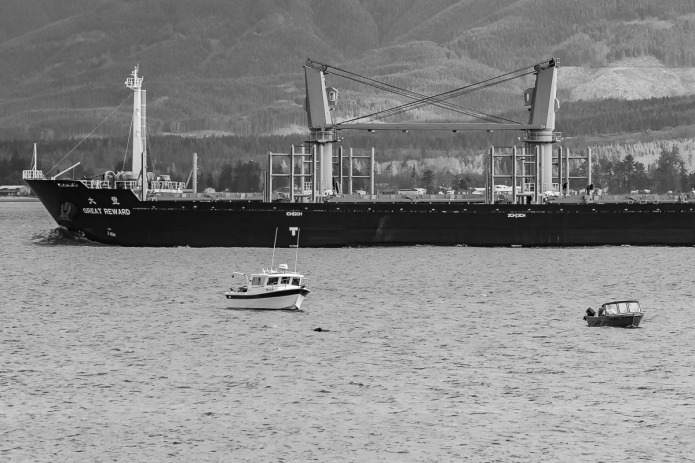 Small motor boat, not so small boat and some sort of ocean cargo ship. Photo taken on the Columbia River, Fort Stevens, Oregon. 