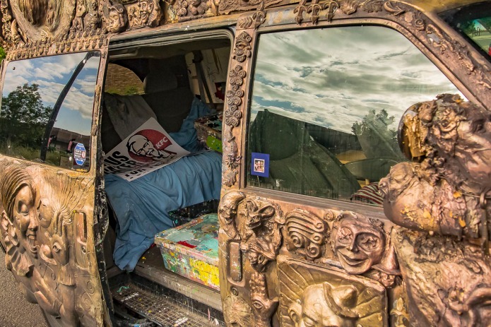 Inside an window painter's van.